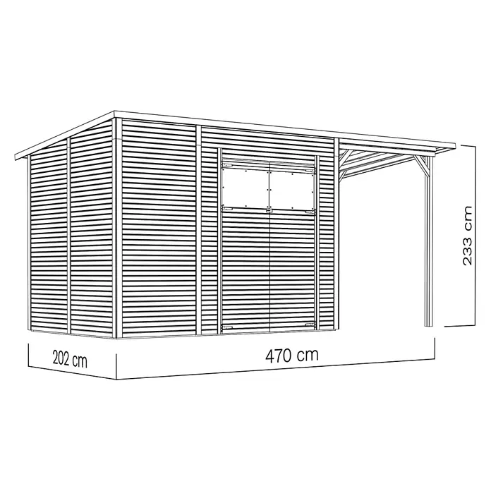 Bertilo Gerätehaus Pent Modern Plus - Außenmaß inkl. Dachüberstand (B x T): 231 x 501 cm, Holz - Abbildung eines Gartenhauses mit den Maßen 202 cm Breite, 470 cm Länge und 233 cm Höhe, ideal für die Lagerung von Gartengeräten.