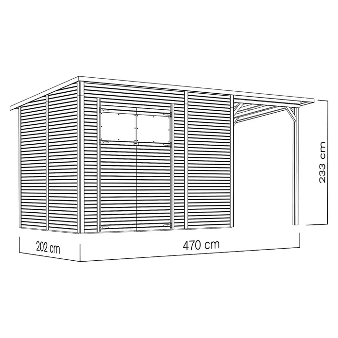 Bertilo Gerätehaus Pent Modern Plus - Außenmaß inkl. Dachüberstand (B x T): 231 x 501 cm, Holz - Bild einer Gartenlaube mit den Maßen 202 cm x 470 cm und einer Höhe von 233 cm.