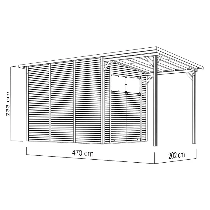 Bertilo Gerätehaus Pent Modern Plus - Außenmaß inkl. Dachüberstand (B x T): 231 x 501 cm, Holz - Abbildung eines Gartenhauses mit einer Höhe von 233 cm, einer Breite von 470 cm und einer Tiefe von 202 cm. Das Haus verfügt über eine überdachte Veranda.