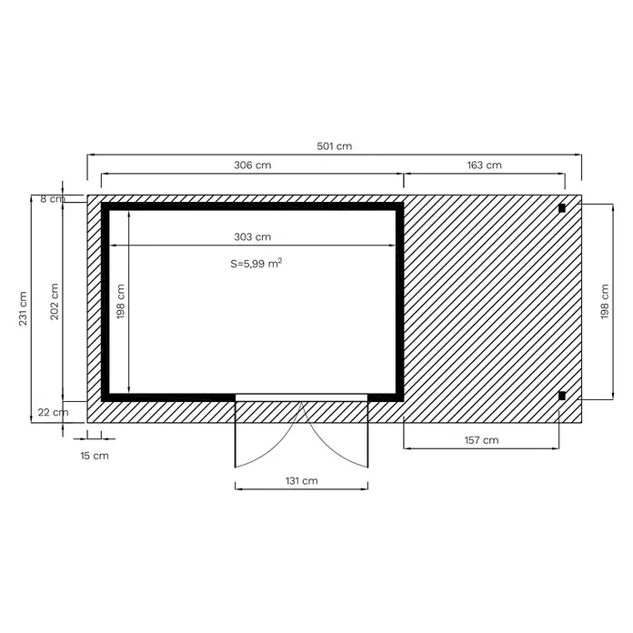 Bertilo Gerätehaus Pent Modern Plus - Außenmaß inkl. Dachüberstand (B x T): 231 x 501 cm, Holz - Grundrisszeichnung eines Raumes mit Maßangaben zu Wandlängen, Türposition und der Fläche des Innenraums.