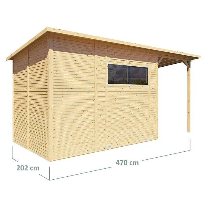 Bertilo Gerätehaus Pent Modern Plus - Außenmaß inkl. Dachüberstand (B x T): 231 x 501 cm, Holz - Ansicht eines Holzschuppens mit den Maßen 202 cm x 470 cm, ideal für Gartenlagerung und Außenbereiche.