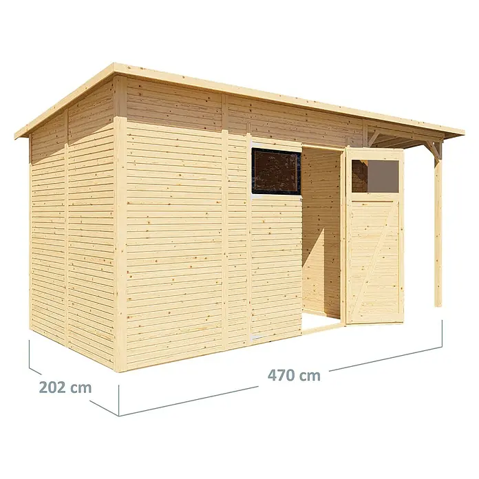 Bertilo Gerätehaus Pent Modern Plus - Außenmaß inkl. Dachüberstand (B x T): 231 x 501 cm, Holz - Abbildung eines Holzgartenhauses mit den Maßen 202 cm x 470 cm.