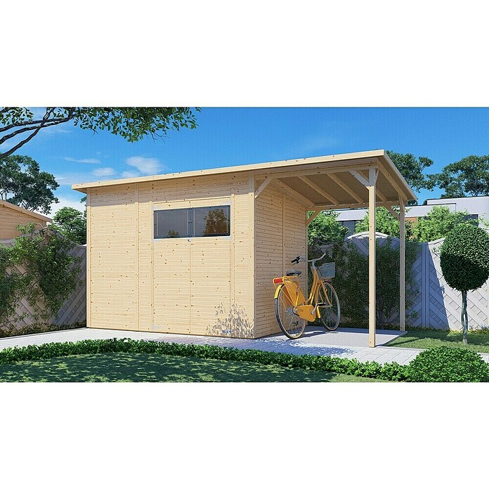 Bertilo Gerätehaus Pent Modern Plus (Außenmaß inkl. Dachüberstand (B x T): 231 x 501 cm, Holz, Natur) | BAUHAUS