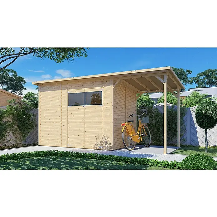 Bertilo Gerätehaus Pent Modern Plus - Außenmaß inkl. Dachüberstand (B x T): 231 x 501 cm, Holz - Das Bild zeigt ein modernes Gartenhaus mit einer Überdachung für Fahrräder oder andere Geräte. Das Haus ist aus hellem Holz gefertigt.