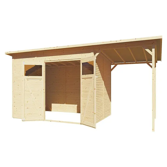 Bertilo Gerätehaus Pent Modern Plus - Außenmaß inkl. Dachüberstand (B x T): 231 x 501 cm, Holz - Geräumiges Holzgartenhaus mit offenem Anbau für zusätzlichen Stauraum oder als überdachte Terrasse. Die Holztüren laden ein.