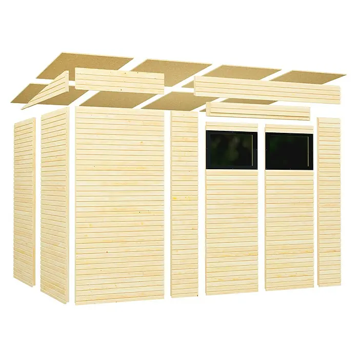 Bertilo Gerätehaus Pent Modern Plus - Außenmaß inkl. Dachüberstand (B x T): 231 x 501 cm, Holz - Das Bild zeigt eine Detailansicht eines Holzgartenhauses, das noch nicht aufgebaut ist, mit den einzelnen Wänden und Dachelementen.