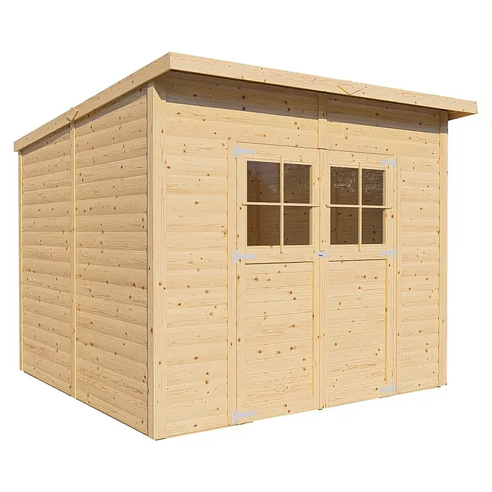 Bertilo Gerätehaus Alster - Außenmaß inkl. Dachüberstand (B x T): 254 x 251 cm, Holz - Abbildung eines Holzgartenschuppens mit Doppeltür und Fenstern. Der Schuppen ist aus unbehandeltem Holz gefertigt.