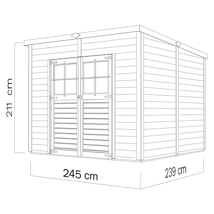 Bertilo Gerätehaus Alster - Außenmaß inkl. Dachüberstand (B x T): 254 x 251 cm, Holz - Abbildung eines Gartenhauses mit den Maßen 211 cm Höhe, 245 cm Breite und 239 cm Tiefe.
