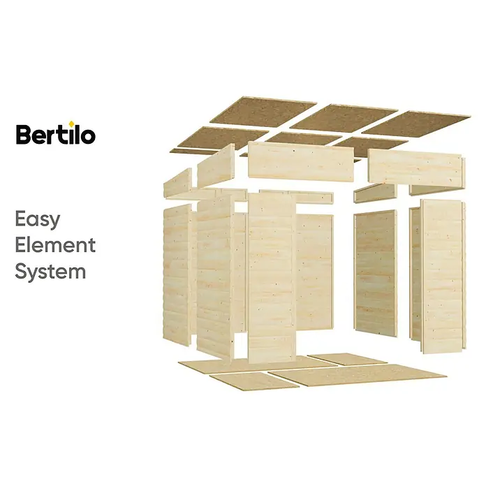 Bertilo Gerätehaus Alster - Außenmaß inkl. Dachüberstand (B x T): 254 x 251 cm, Holz - Eine detaillierte Darstellung des Bertilo Easy Element System, das zerlegt und in seine Einzelteile zerlegt ist.