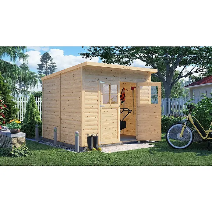 Bertilo Gerätehaus Alster - Außenmaß inkl. Dachüberstand (B x T): 254 x 251 cm, Holz - Hölzernes Gartenhaus mit geöffneten Türen, umgeben von Grün. Ein Fahrrad steht daneben.