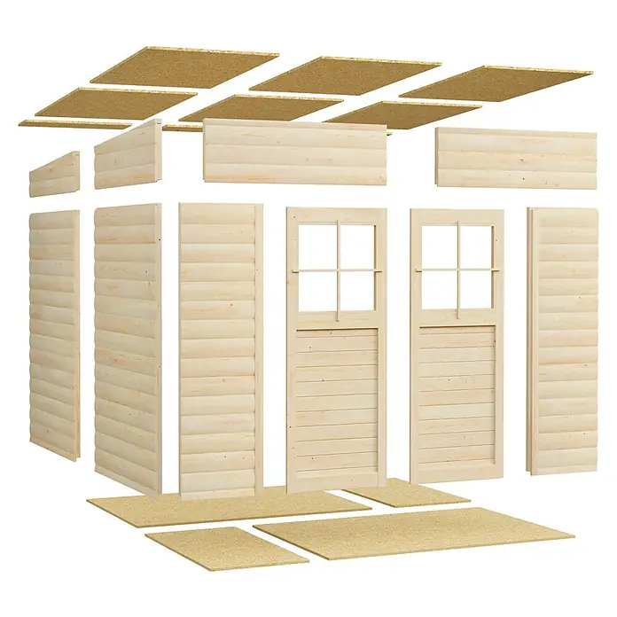Bertilo Gerätehaus Alster - Außenmaß inkl. Dachüberstand (B x T): 254 x 251 cm, Holz - Explosionsdarstellung eines hellen Holzgartenhauses mit Boden- und Dachelementen sowie zwei Fenstertüren.