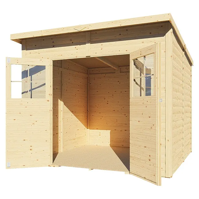 Bertilo Gerätehaus Alster - Außenmaß inkl. Dachüberstand (B x T): 254 x 251 cm, Holz - Abbildung eines offenen Holzgartenhauses. Das Holzgartenhaus ist aus hellem Holz gefertigt und hat ein Satteldach.