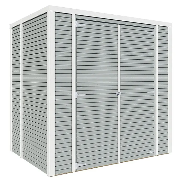 Bertilo Gerätehaus Box 2 - Außenmaß inkl. Dachüberstand (B x T): 170 x 170 cm, Holz, Grau - Ansicht eines grauen Gerätehauses mit weißen Rahmen und Doppeltüren. Ideal für die Gartenaufbewahrung und Werkzeuglagerung.
