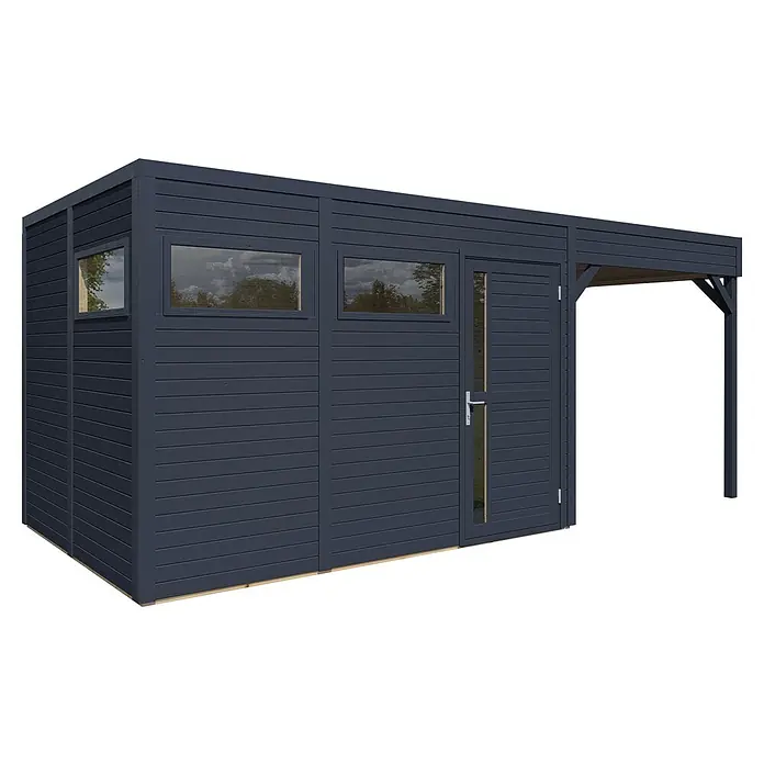 Bertilo Gartenhaus Cubus 3 Lounge - Außenmaß inkl. Dachüberstand (B x T): 240 x 560 cm, Holz, Anthrazit - Ansicht eines modernen Gartenhauses mit einer Schiebetür und mehreren Fenstern für natürliches Licht.