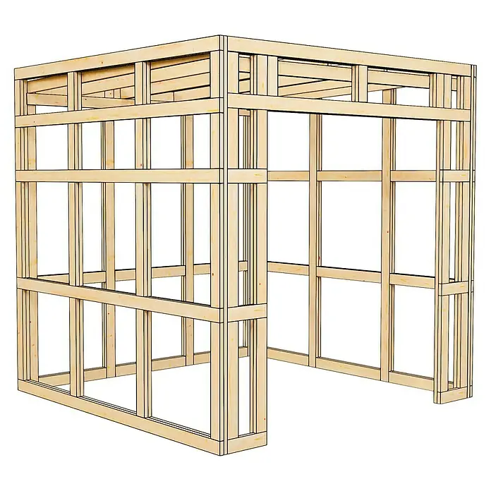 Bertilo Gerätehaus HPL 1 - Außenmaß inkl. Dachüberstand (B x T): 236 x 230 cm, Holz - Ein detailliertes Bild eines Holzrahmens, das die Konstruktion und die verwendeten Materialien hervorhebt. Perfekt für Bauprojekte und Design-Inspiration.