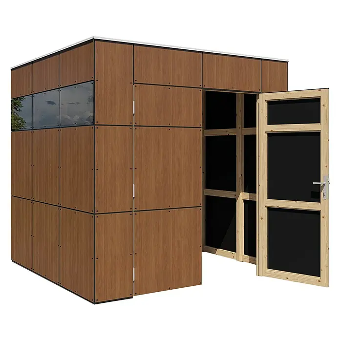 Bertilo Gerätehaus HPL 1 - Außenmaß inkl. Dachüberstand (B x T): 236 x 230 cm, Holz - Ansicht eines modernen Holzgartenhauses mit einer offenen Tür, die einen Einblick ins Innere gewährt. Das Design ist schlicht, aber elegant.