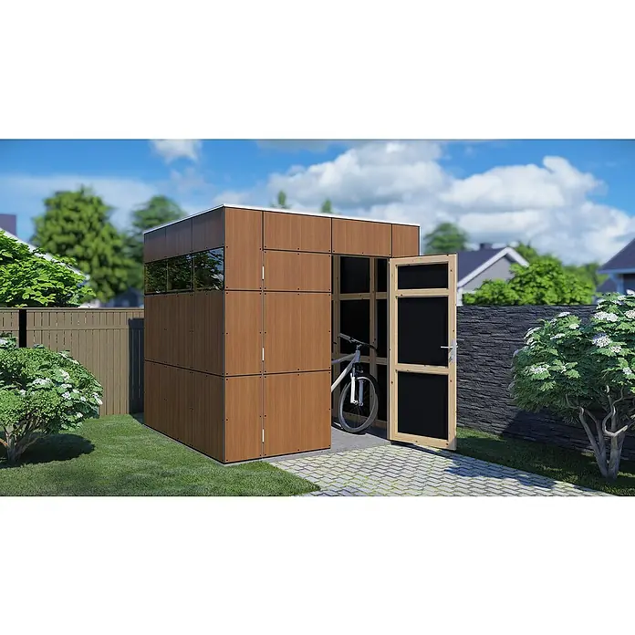 Bertilo Gerätehaus HPL 1 - Außenmaß inkl. Dachüberstand (B x T): 236 x 230 cm, Holz - Ein modernes Fahrradhaus aus Holz und Glas mit geöffneter Tür und einem Fahrrad darin. Der Schuppen steht auf einem gepflasterten Bereich im Garten.