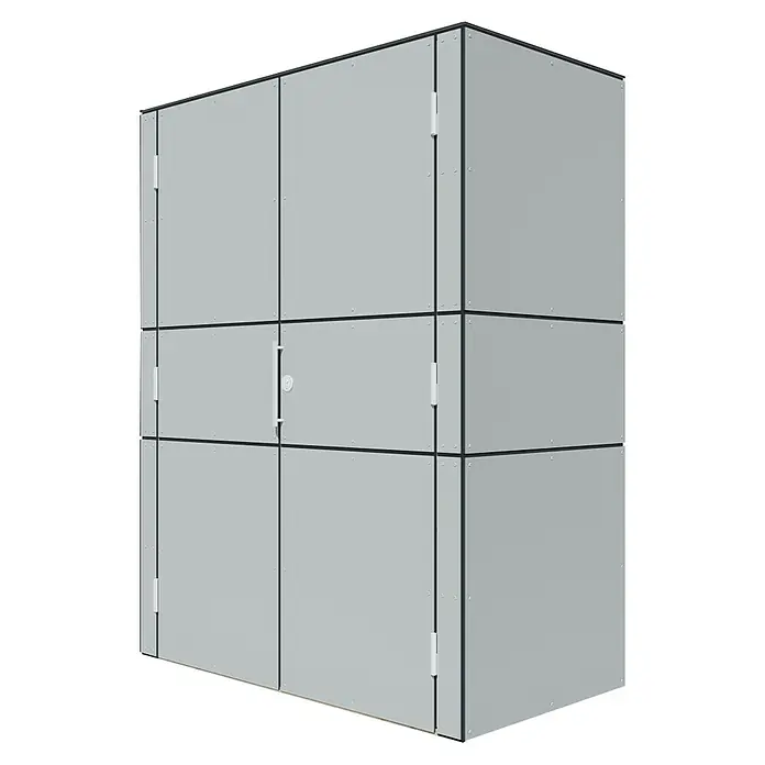 Bertilo Gartenschrank HPL Terrace - Außenmaß inkl. Dachüberstand (B x T): 75 x 155 cm, Holz, Silbergrau, Firsthöhe: 193 cm - Modernes Gerätehaus mit grauen Paneelen und schwarzen Akzenten. Ideal zur Aufbewahrung von Gartengeräten und Werkzeugen im Außenbereich.