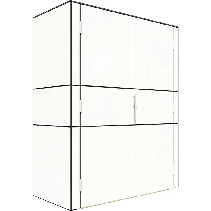 Bertilo Gartenschrank HPL Terrace - Außenmaß inkl. Dachüberstand (B x T): 75 x 155 cm, Holz, Weiß, Firsthöhe: 193 cm - Ein großer weißer Kühlraum mit schwarzen Akzenten und einem silbernen Türgriff, ideal für die Lagerung großer Mengen.