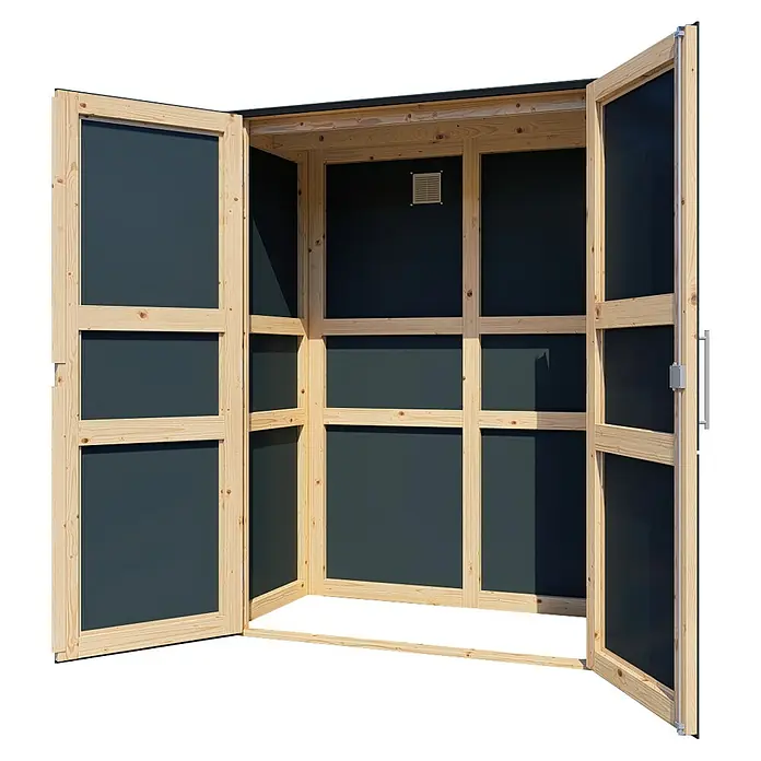 Bertilo Gartenschrank HPL Terrace - Außenmaß inkl. Dachüberstand (B x T): 75 x 155 cm, Holz, Weiß, Firsthöhe: 193 cm - Das offene Holzgartenhaus mit Flügeltüren bietet Stauraum. Es hat eine Belüftung und eine graue Rückwand.