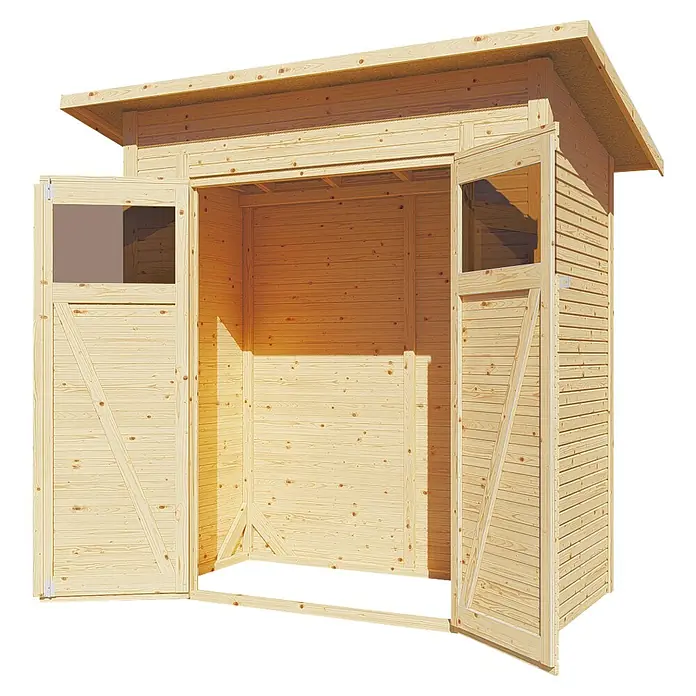 Bertilo Gerätehaus Pent Modern - Außenmaß inkl. Dachüberstand (B x T): 137 x 252 cm, Holz - Geräumiger Holzschuppen mit offenen Türen für einfache Lagerung. Ideal für Gartenwerkzeuge und -möbel, bietet der Schuppen langlebigen Stauraum.
