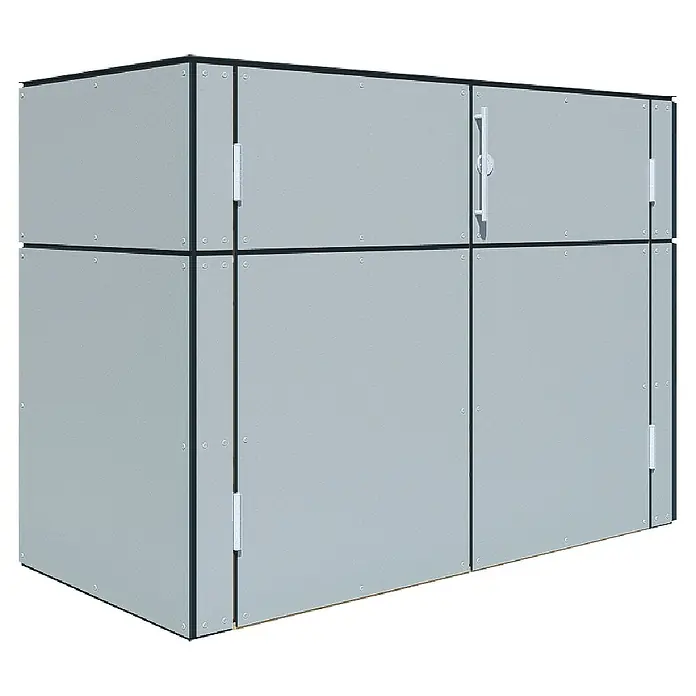 Bertilo Gartenschrank HPL Terrace - Außenmaß inkl. Dachüberstand (B x T): 75 x 155 cm, Holz, Silbergrau - Foto eines Mülltonnenbox aus Metall, ideal zur stilvollen Aufbewahrung von Mülltonnen im Außenbereich.
