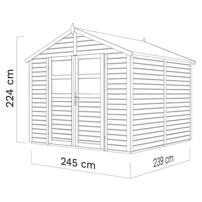 Bertilo Gerätehaus Visby - Außenmaß inkl. Dachüberstand (B x T): 252 x 258 cm, Holz - Abbildung eines Gartenhauses mit den Maßen 224 cm Höhe, 245 cm Breite und 239 cm Tiefe.