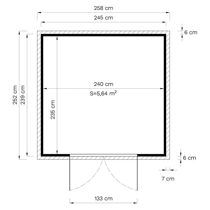 Bertilo Gerätehaus Visby - Außenmaß inkl. Dachüberstand (B x T): 252 x 258 cm, Holz - Grundriss eines Raumes mit Maßangaben zu Länge, Breite, Wandstärke und Türöffnung. Die Fläche des Raumes beträgt 5,64 m².