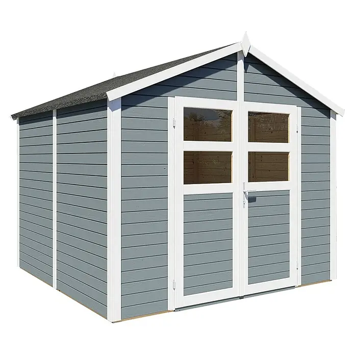 Bertilo Gerätehaus Visby - Außenmaß inkl. Dachüberstand (B x T): 252 x 258 cm, Holz - Außenansicht eines grauen Holzgartenhauses mit Doppeltür und weißen Akzenten, ideal für die Gartenaufbewahrung.