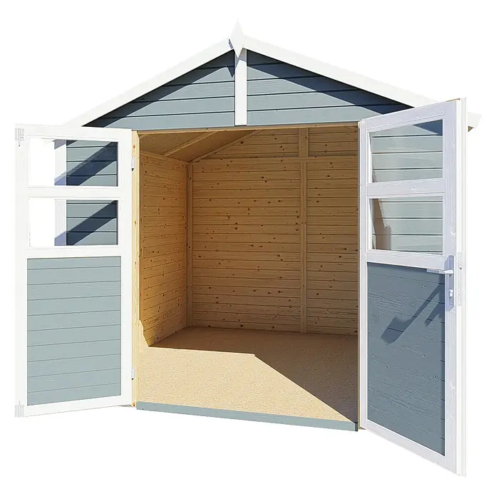 Bertilo Gerätehaus Visby - Außenmaß inkl. Dachüberstand (B x T): 252 x 258 cm, Holz - Das Bild zeigt ein geräumiges Gartenhaus mit Doppeltür und Fenster, ideal für die Aufbewahrung oder als Hobbyraum.