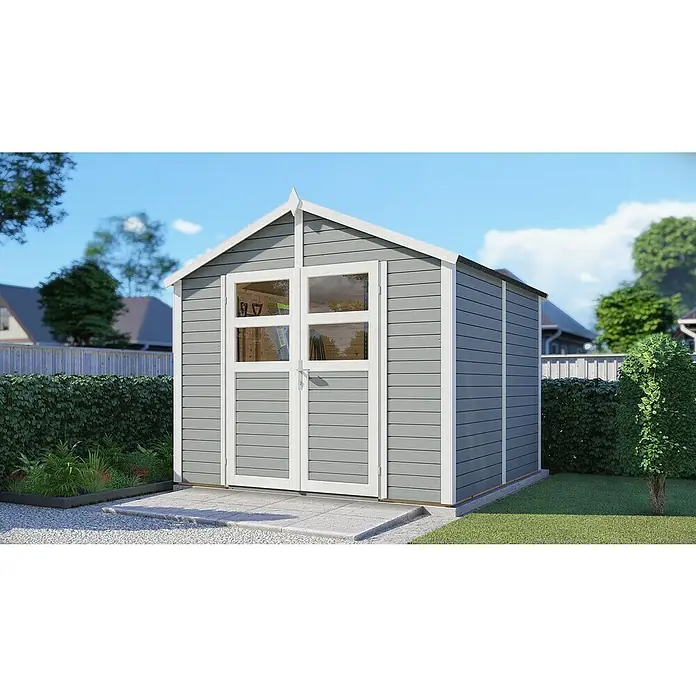 Bertilo Gerätehaus Visby - Außenmaß inkl. Dachüberstand (B x T): 252 x 258 cm, Holz - Ein graues Gartenhaus mit weißen Akzenten und Doppeltüren aus Glas, das sich harmonisch in die Gartenumgebung einfügt.