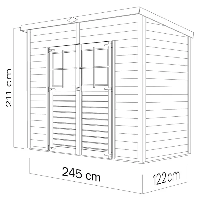Bertilo Gerätehaus Alster - Außenmaß inkl. Dachüberstand (B x T): 139 x 251 cm, Holz - Abbildung eines Gartenhauses mit den Maßen 211 cm Höhe, 245 cm Breite und 122 cm Tiefe.\n