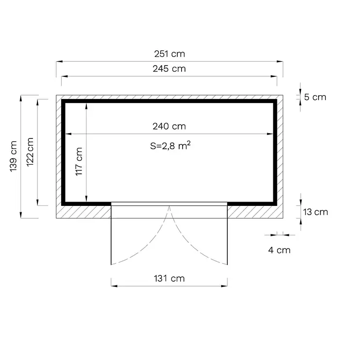 Bertilo Gerätehaus Alster - Außenmaß inkl. Dachüberstand (B x T): 139 x 251 cm, Holz - Eine schematische Darstellung eines Raumgrundrisses mit Maßangaben zu Wandlängen und Türposition.