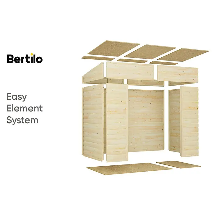 Bertilo Gerätehaus Alster - Außenmaß inkl. Dachüberstand (B x T): 139 x 251 cm, Holz - Produktabbildung des Bertilo Easy Element Systems, das Holzelemente für den einfachen Aufbau zeigt. Ideal für Gartenhäuser oder ähnliche Konstruktionen.