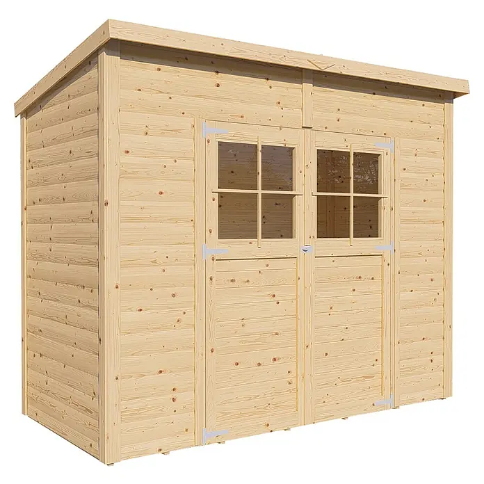 Bertilo Gerätehaus Alster - Außenmaß inkl. Dachüberstand (B x T): 139 x 251 cm, Holz - Abbildung eines Holzschuppens mit Doppeltüren und Fenstern. Ideal für die Gartenaufbewahrung und Werkzeuge. Robuste Bauweise für lange Haltbarkeit.