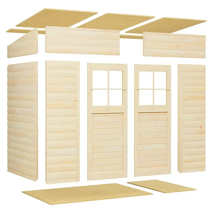 Bertilo Gerätehaus Alster - Außenmaß inkl. Dachüberstand (B x T): 139 x 251 cm, Holz - Abbildung eines zerlegten Gartenhauses aus Holz, das die Einzelteile wie Wände, Türen und Dachelemente zeigt.