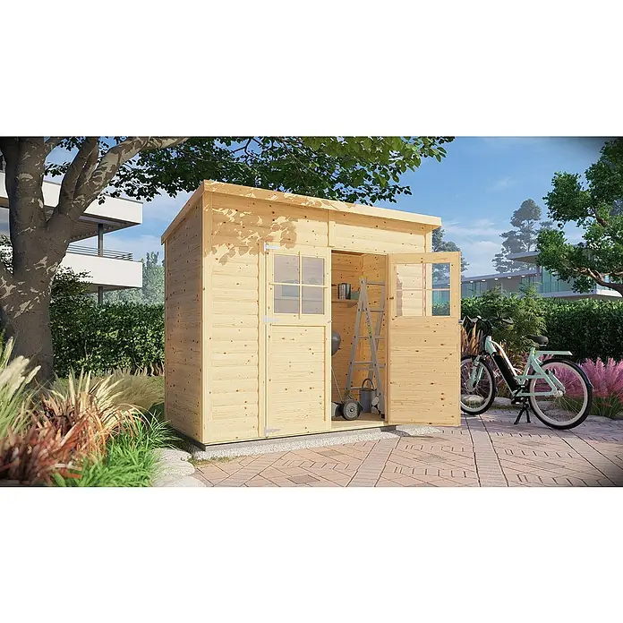 Bertilo Gerätehaus Alster - Außenmaß inkl. Dachüberstand (B x T): 139 x 251 cm, Holz - Eine Nahaufnahme eines hölzernen Gartenschuppens mit geöffneten Türen, der verschiedene Gartengeräte und ein Fahrrad im Hintergrund zeigt.