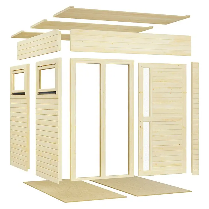 Bertilo Gartenhaus Cubus 2 - Außenmaß inkl. Dachüberstand (B x T): 449 x 240 cm, Holz, Natur - Bausatz für ein Gartenhaus aus hellem Holz, zerlegt. Die Elemente zeigen Wände, Dach und Boden für einfache Montage.