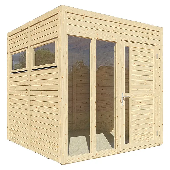 Bertilo Gartenhaus Cubus 2 Office - Außenmaß inkl. Dachüberstand (B x T): 240 x 226 cm, Holz, Naturbelassen - Modernes Gartenhaus aus Holz mit großen Fenstern und einer Tür, ideal für Garten und Freizeit.