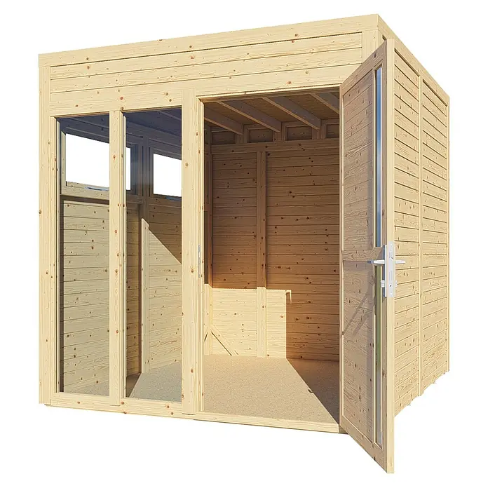 Bertilo Gartenhaus Cubus 2 Office - Außenmaß inkl. Dachüberstand (B x T): 240 x 226 cm, Holz, Naturbelassen - Ein geräumiges Gartenhaus aus Holz mit großen Fenstern und offener Tür, ideal für Gartenliebhaber und als Stauraum.