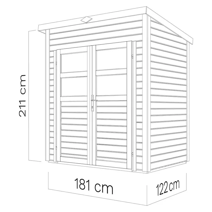 Bertilo Gerätehaus Felix 1 - Außenmaß inkl. Dachüberstand (B x T): 139 x 191 cm, Holz, Hellgrau/ Weiß - Illustration eines Holzschuppens mit den Maßen 211 cm Höhe, 181 cm Breite und 122 cm Tiefe. Eine praktische Aufbewahrungslösung für den Garten.