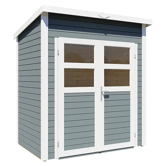 Bertilo Gerätehaus Felix 1 - Außenmaß inkl. Dachüberstand (B x T): 139 x 191 cm, Holz, Hellgrau/ Weiß - Ein geräumiges, grau gestrichenes Gartenhaus mit weißen Akzenten, ideal für die Aufbewahrung von Gartengeräten und -möbeln. Das Haus verfügt über Doppeltüren mit Fenstern.