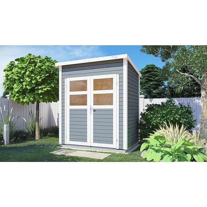 Bertilo Gerätehaus Felix 1 - Außenmaß inkl. Dachüberstand (B x T): 139 x 191 cm, Holz, Hellgrau/ Weiß - Ein blau-graues Gartenhaus mit weißen Akzenten und Doppeltür unter blauem Himmel, umgeben von Grün. Praktischer Stauraum für den Garten.