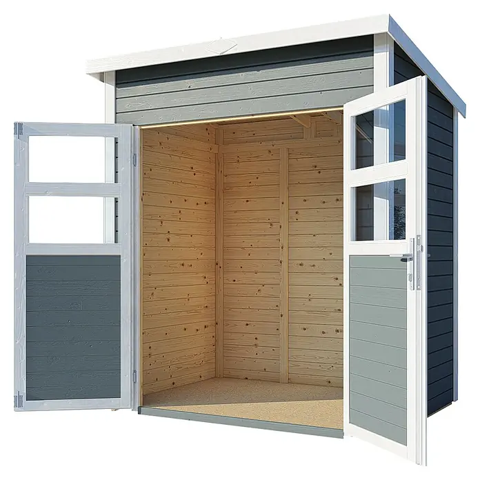 Bertilo Gerätehaus Felix 1 - Außenmaß inkl. Dachüberstand (B x T): 139 x 191 cm, Holz, Hellgrau/ Weiß - Abbildung eines grauen Holzschuppens mit geöffneten Doppeltüren, die das Innere zeigen, das mit Naturholz verkleidet ist.