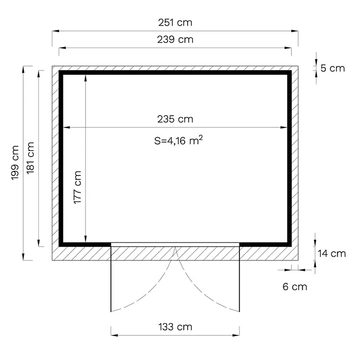 Bertilo Gerätehaus Felix 2 - Außenmaß inkl. Dachüberstand (B x T): 199 x 251 cm, Holz, Naturbelassen - Draufsicht eines Raumplans mit Maßangaben für Wände, Türöffnung und Innenraumfläche.