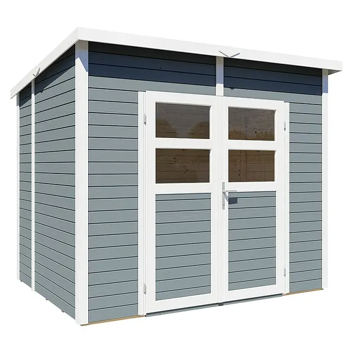 Bertilo Gerätehaus Felix 2 - Außenmaß inkl. Dachüberstand (B x T): 199 x 251 cm, Holz, Hellgrau/ Weiß - Das graue Gartenhaus mit Doppeltür und weißen Rahmen bietet Stauraum im Garten und fügt sich optisch gut ein.