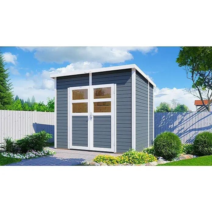 Bertilo Gerätehaus Felix 2 - Außenmaß inkl. Dachüberstand (B x T): 199 x 251 cm, Holz, Hellgrau/ Weiß - Ein graues Gartenhaus mit weißen Rahmen und Doppeltüren, umgeben von üppigem Grün und bunten Blumen. Der ideale Stauraum für den Garten!