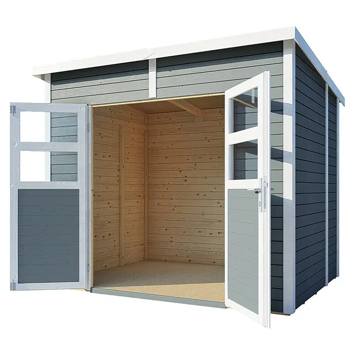 Bertilo Gerätehaus Felix 2 - Außenmaß inkl. Dachüberstand (B x T): 199 x 251 cm, Holz, Hellgrau/ Weiß - Ein geräumiges Gartenhaus mit Doppeltür für einfachen Zugang. Das Haus bietet viel Stauraum und ist optisch ansprechend.
