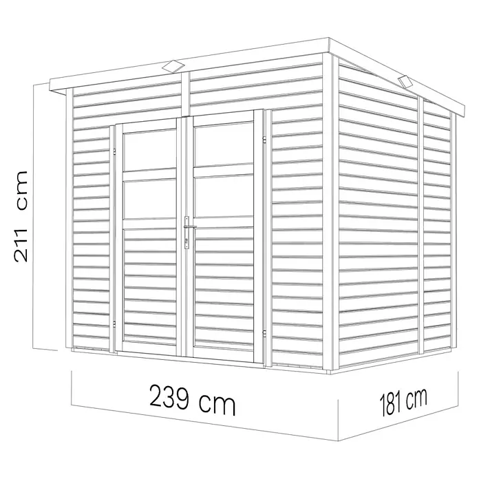 Bertilo Gerätehaus Felix 2 - Außenmaß inkl. Dachüberstand (B x T): 199 x 251 cm, Holz, Naturbelassen - Darstellung eines Gartenhauses mit Abmessungen: 211 cm Höhe, 239 cm Breite und 181 cm Tiefe. Ideal für die Gartenaufbewahrung.