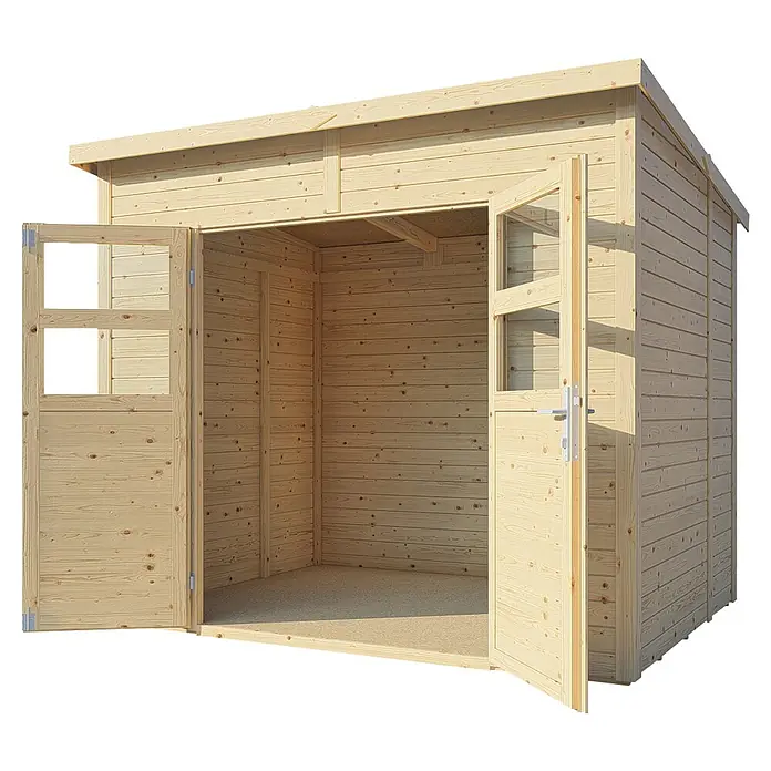 Bertilo Gerätehaus Felix 2 - Außenmaß inkl. Dachüberstand (B x T): 199 x 251 cm, Holz, Naturbelassen - Geräumiges Gartenhaus aus hellem Holz mit Doppeltür und Fenstern für Geräte und mehr.